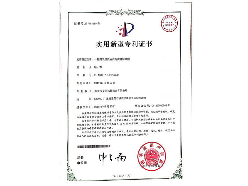 用于燃燒室的耐高溫防爆閥專利證書